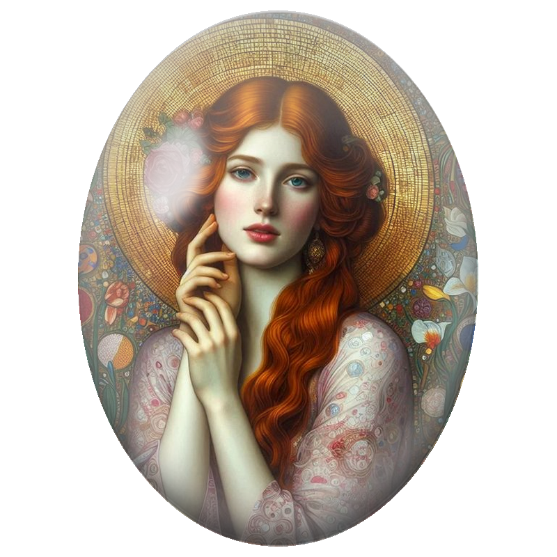 Cabochon en Verre Illustré Femme Rousse au Halo Doré et Roses 13x18, 18x25 ou 30x40mm