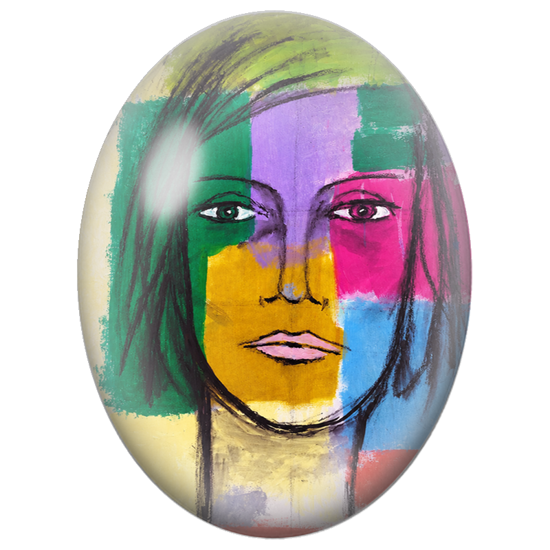 Cabochon en Verre Illustré Visage Féminin aux Aplats Multicolores 13x18, 18x25 ou 30x40mm
