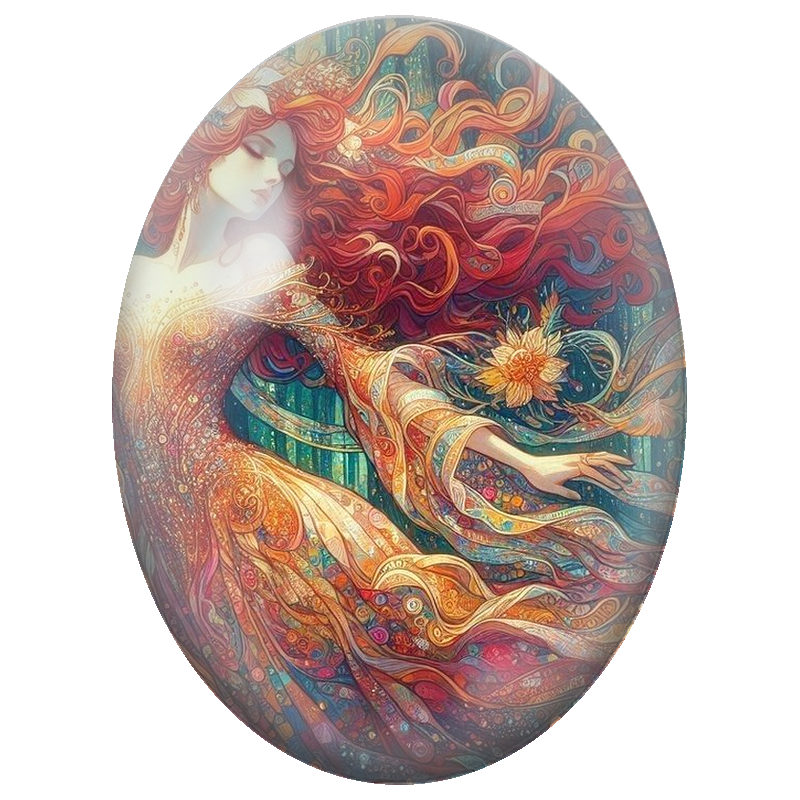 Cabochon en Verre Illustré Femme Rousse en Robe Florale Lumineuse 13x18, 18x25 ou 30x40mm