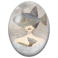 Cabochon en Verre Illustré Femme au Grand Poisson devant les Yeux pour la Création de Bijoux Fantaisie - DIY
