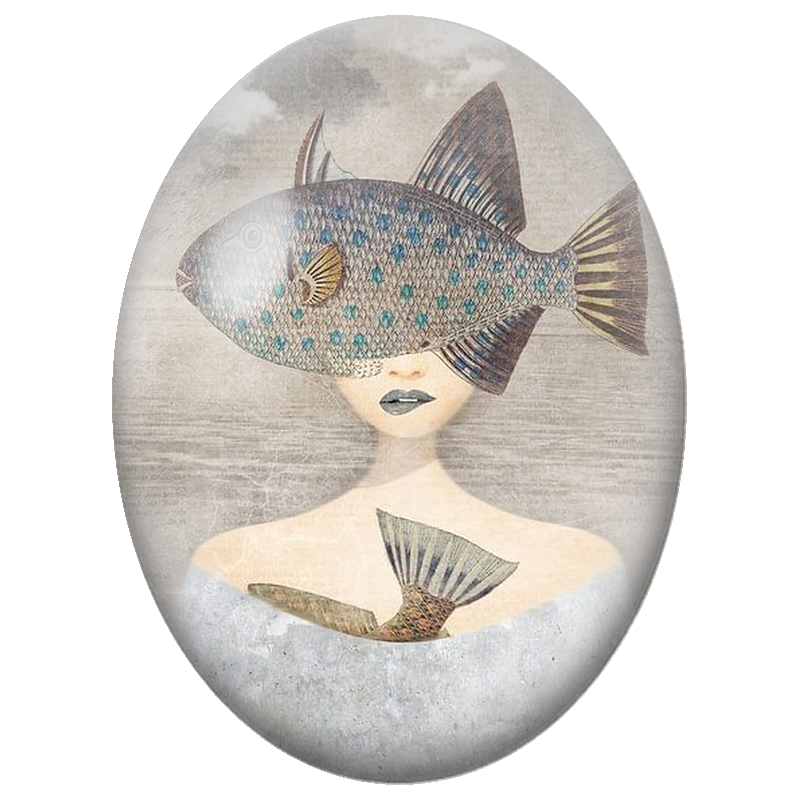 Cabochon en Verre Illustré Femme au Grand Poisson devant les Yeux 13x18, 18x25 ou 30x40mm