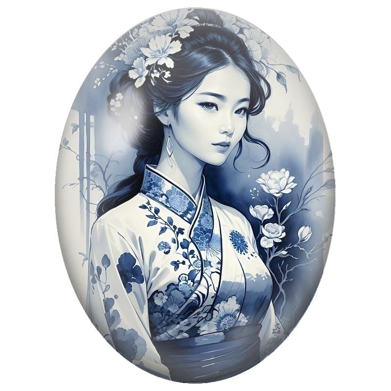 Cabochon en Verre Illustré Femme Japonaise au Kimono Bleu Fleuri 13x18, 18x25 ou 30x40mm