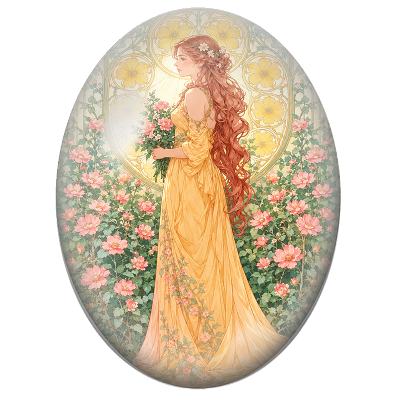 Cabochon en Verre Illustré Femme en Robe Dorée aux Grandes Spirales 13x18, 18x25 ou 30x40mm