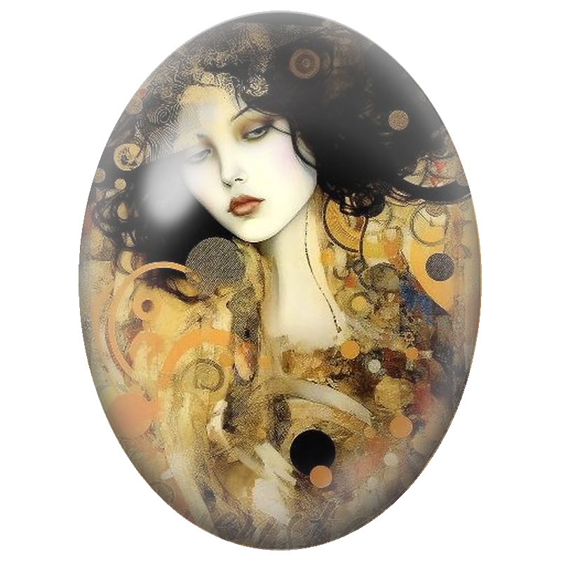 Cabochon en Verre Illustré Femme aux Boucles Noires et Cercles Dorés 13x18, 18x25 ou 30x40mm