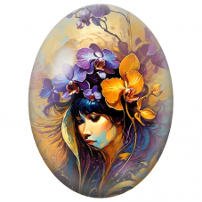 Cabochon en Verre Illustré Femme aux Orchidées Violettes et Orange pour la Création de Bijoux Fantaisie - DIY