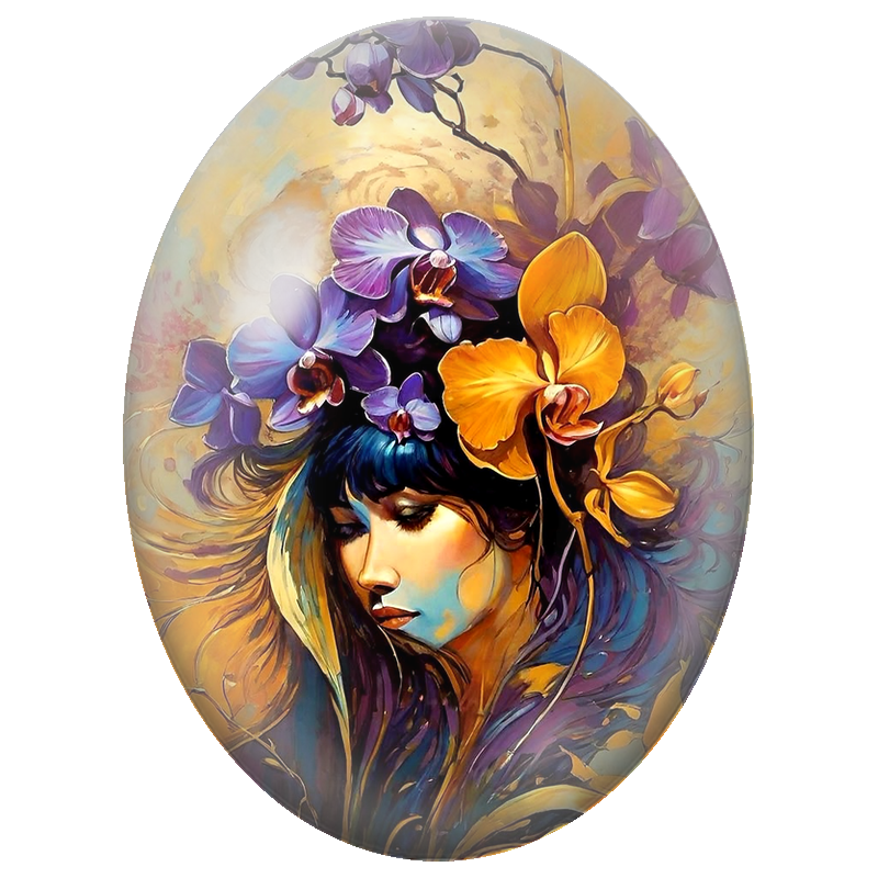 Cabochon en Verre Illustré Femme aux Orchidées Violettes et Orange 13x18, 18x25 ou 30x40mm