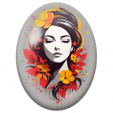 Cabochon en Verre Illustré Femme aux Fleurs Orange et Feuilles Rouges pour la Création de Bijoux Fantaisie - DIY