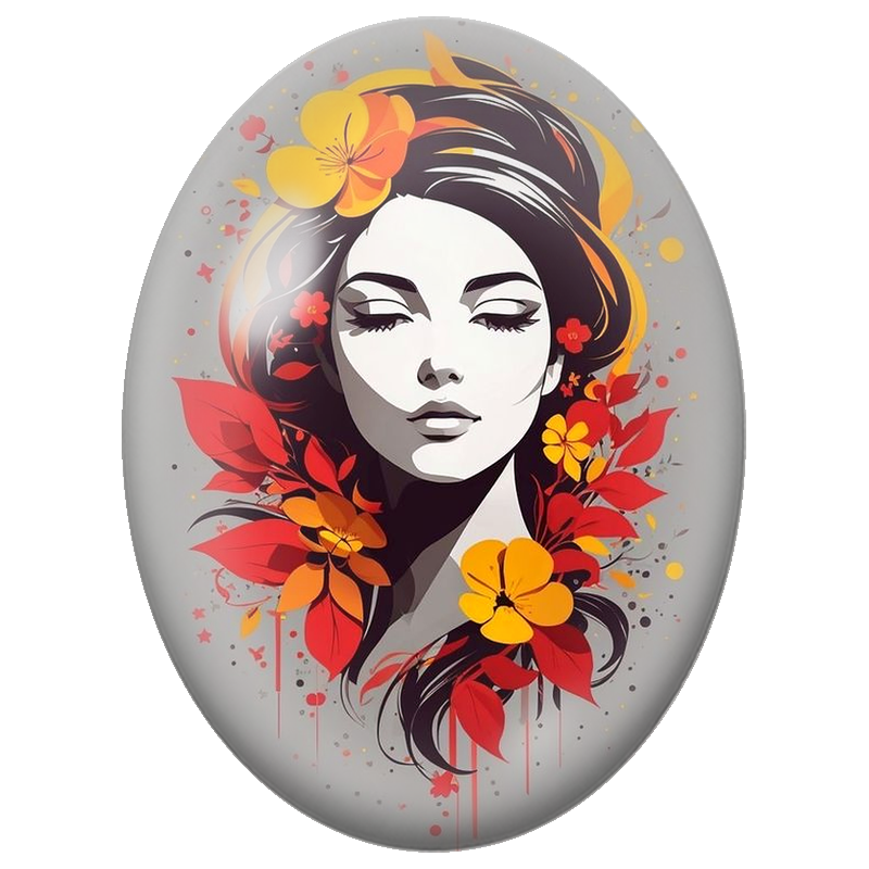 Cabochon en Verre Illustré Femme aux Fleurs Orange et Feuilles Rouges 13x18, 18x25 ou 30x40mm
