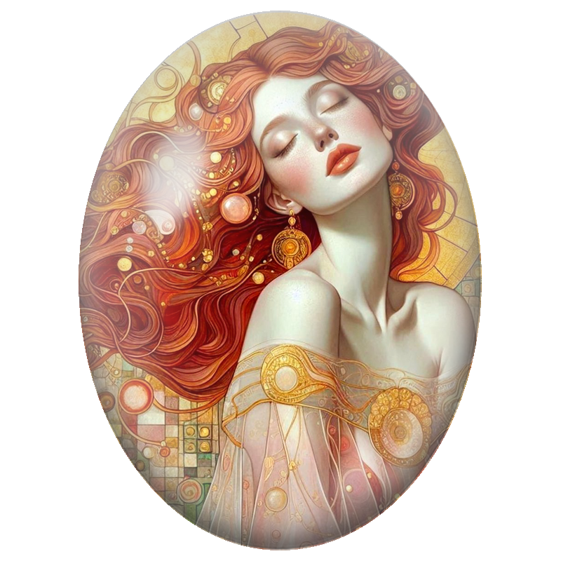 Cabochon en Verre Illustré Femme Rousse aux Bijoux Solaires 13x18, 18x25 ou 30x40mm