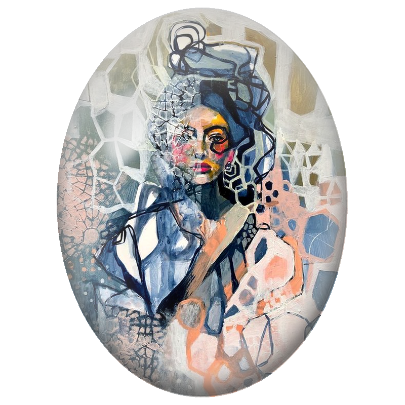 Cabochon en Verre Illustré Femme Fragmentée aux Motifs Alvéolés 13x18, 18x25 ou 30x40mm