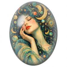 Cabochon en Verre Illustré Femme Endormie aux Cercles Multicolores Turquoise pour la Création de Bijoux Fantaisie - DIY