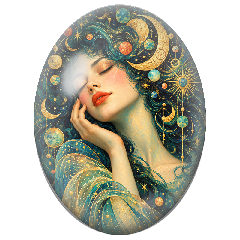 Cabochon en Verre Illustré Femme Endormie aux Cercles Multicolores Turquoise 13x18, 18x25 ou 30x40mm