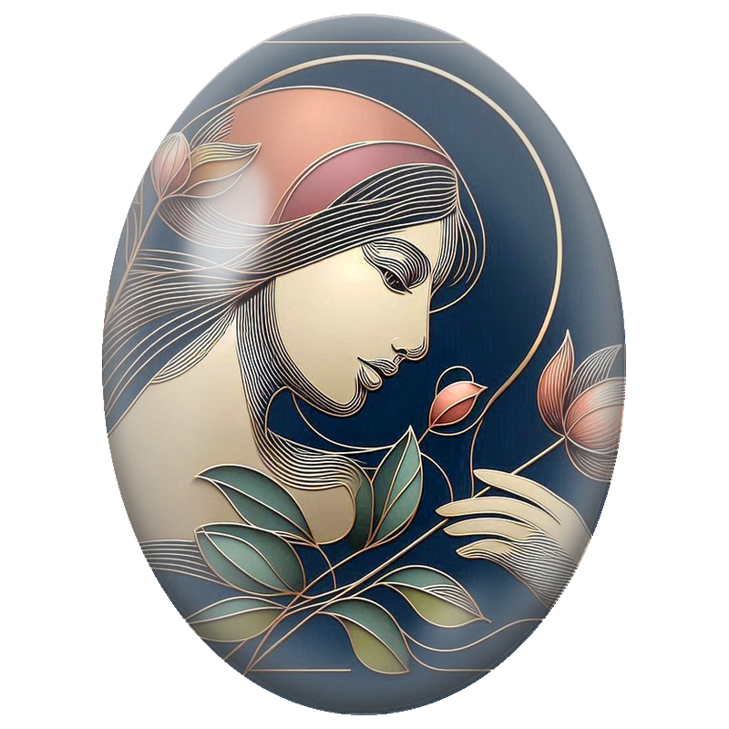 Cabochon en Verre Illustré Femme Graphique à la Fleur sur Fond Bleu Nuit 13x18, 18x25 ou 30x40mm