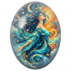 Cabochon en Verre Illustré Femme aux Vagues Cosmiques Bleues et Orange pour la Création de Bijoux Fantaisie - DIY