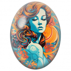 Cabochon en Verre Illustré Femme Pop Art Bleue aux Cheveux Orange pour la Création de Bijoux Fantaisie - DIY