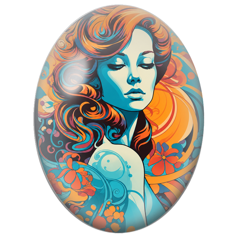 Cabochon en Verre Illustré Femme Pop Art Bleue aux Cheveux Orange 13x18, 18x25 ou 30x40mm