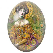 Cabochon en Verre Illustré Femme en Robe Dorée au Jardin Précieux pour la Création de Bijoux Fantaisie - DIY