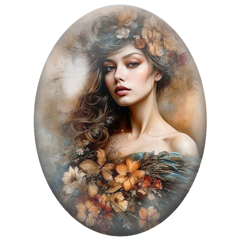 Cabochon en Verre Illustré Femme aux Fleurs d’Automne Aquarelle 13x18, 18x25 ou 30x40mm