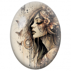 Cabochon en Verre Illustré Femme aux Papillons et Fleurs Sépia pour la Création de Bijoux Fantaisie - DIY