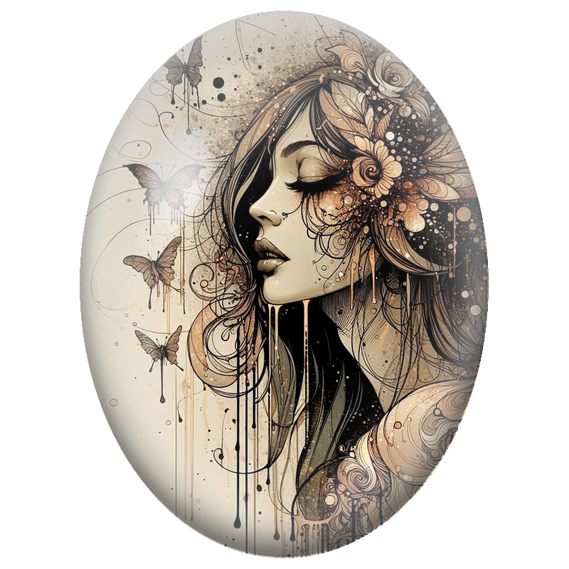 Cabochon en Verre Illustré Femme aux Papillons et Fleurs Sépia 13x18, 18x25 ou 30x40mm