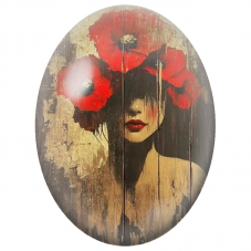 Cabochon en Verre Illustré Femme aux Coquelicots Rouges Abstraits pour la Création de Bijoux Fantaisie - DIY