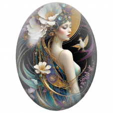 Cabochon en Verre Illustré Femme aux Fleurs Blanches et Oiseau Doré pour la Création de Bijoux Fantaisie - DIY
