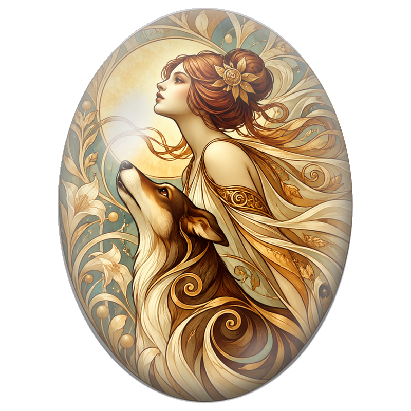 Cabochon en Verre Illustré Fée avec Chien Art Nouveau 13x18, 18x25 ou 30x40mm