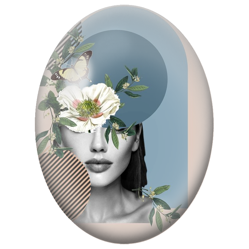 Cabochon en Verre Illustré Visage Féminin au Coquelicot Blanc et Papillon 13x18, 18x25 ou 30x40mm