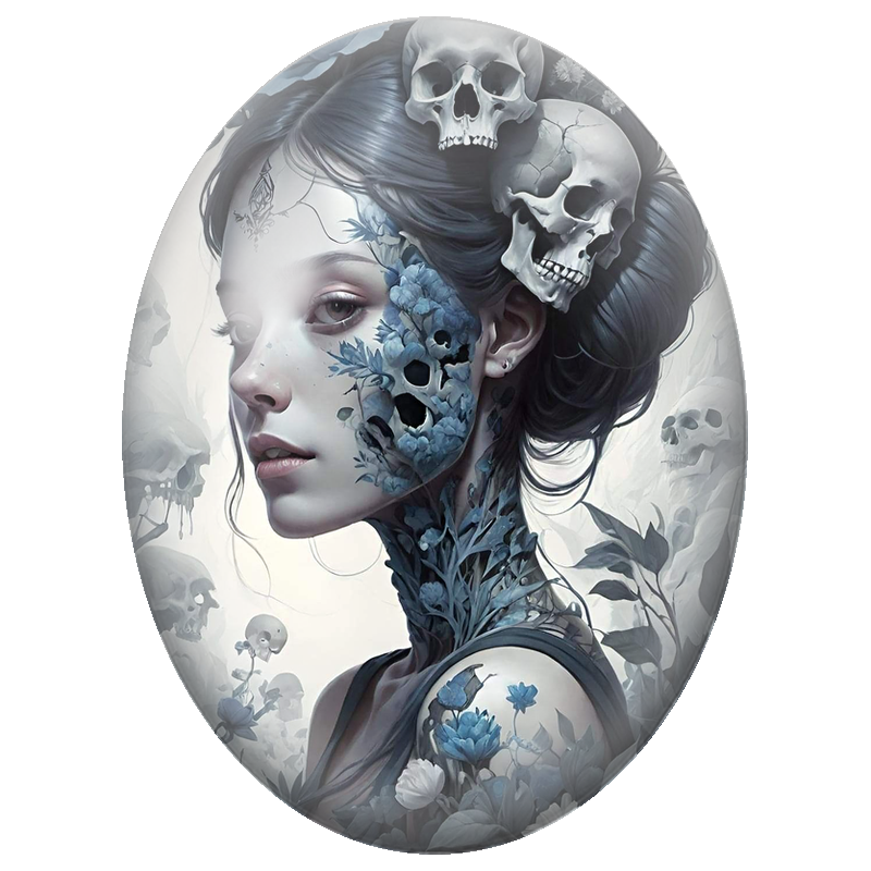Cabochon en Verre Illustré Femme aux Crânes et Fleurs Bleues 13x18, 18x25 ou 30x40mm
