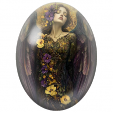 Cabochon en Verre Illustré Ange aux Ailes Sombres et Pensées Fleuries pour la Création de Bijoux Fantaisie - DIY