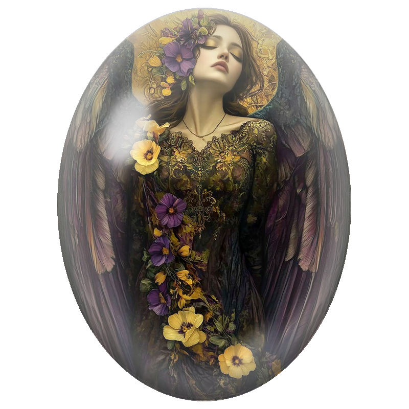 Cabochon en Verre Illustré Ange aux Ailes Sombres et Pensées Fleuries 13x18, 18x25 ou 30x40mm