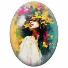 Cabochon en Verre Illustré Femme dans un Éclat de Fleurs Multicolores pour la Création de Bijoux Fantaisie - DIY