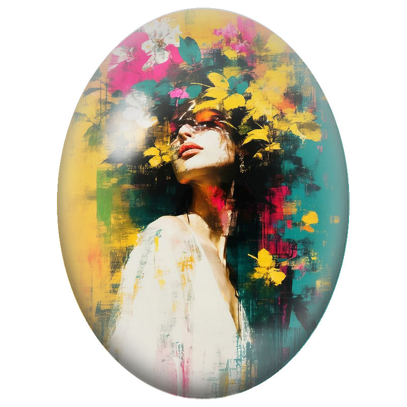 Cabochon en Verre Illustré Femme dans un Éclat de Fleurs Multicolores 13x18, 18x25 ou 30x40mm
