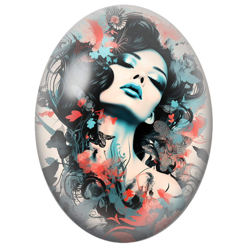 Cabochon en Verre Illustré Femme Papillon Turquoise et Dorée 13x18, 18x25 ou 30x40mm