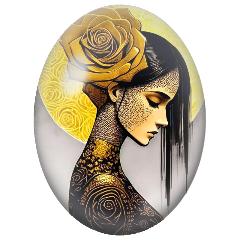 Cabochon en Verre Illustré Femme Noire et Or à la Rose Géante 13x18, 18x25 ou 30x40mm