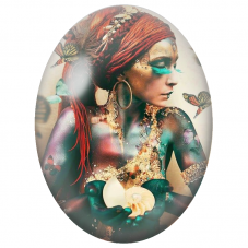 Cabochon en Verre Illustré Femme au Turban Rouge et Papillons pour la Création de Bijoux Fantaisie - DIY