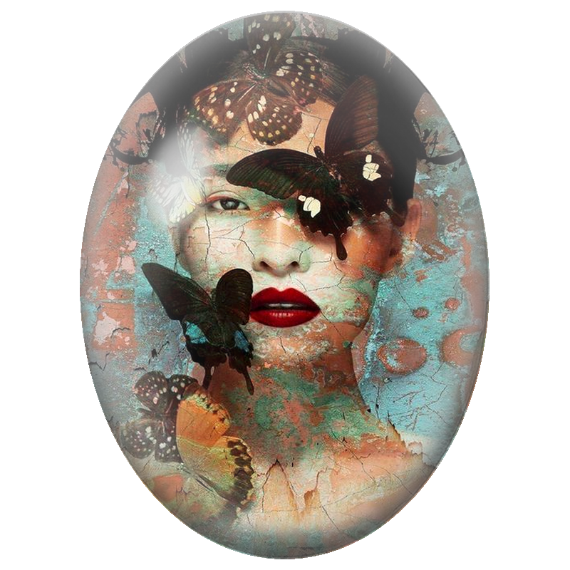 Cabochon en Verre Illustré Visage Féminin aux Papillons Sombres 13x18, 18x25 ou 30x40mm