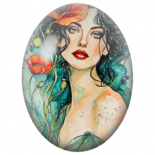 Cabochon en Verre Illustré Femme aux Coquelicots Orange Aquarelle pour la Création de Bijoux Fantaisie - DIY