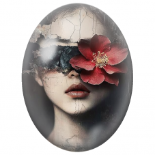 Cabochon en Verre Illustré Visage Féminin au Bandeau Noir et Fleur Rouge pour la Création de Bijoux Fantaisie - DIY