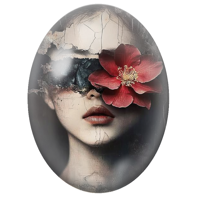 Cabochon en Verre Illustré Visage Féminin au Bandeau Noir et Fleur Rouge 13x18, 18x25 ou 30x40mm