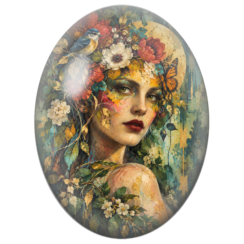 Cabochon en Verre Illustré Frida Kahlo Collage au Cerf et Fleurs 13x18, 18x25 ou 30x40mm