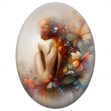 Cabochon en Verre Illustré Femme Rousse Nue aux Fleurs Pastel pour la Création de Bijoux Fantaisie - DIY