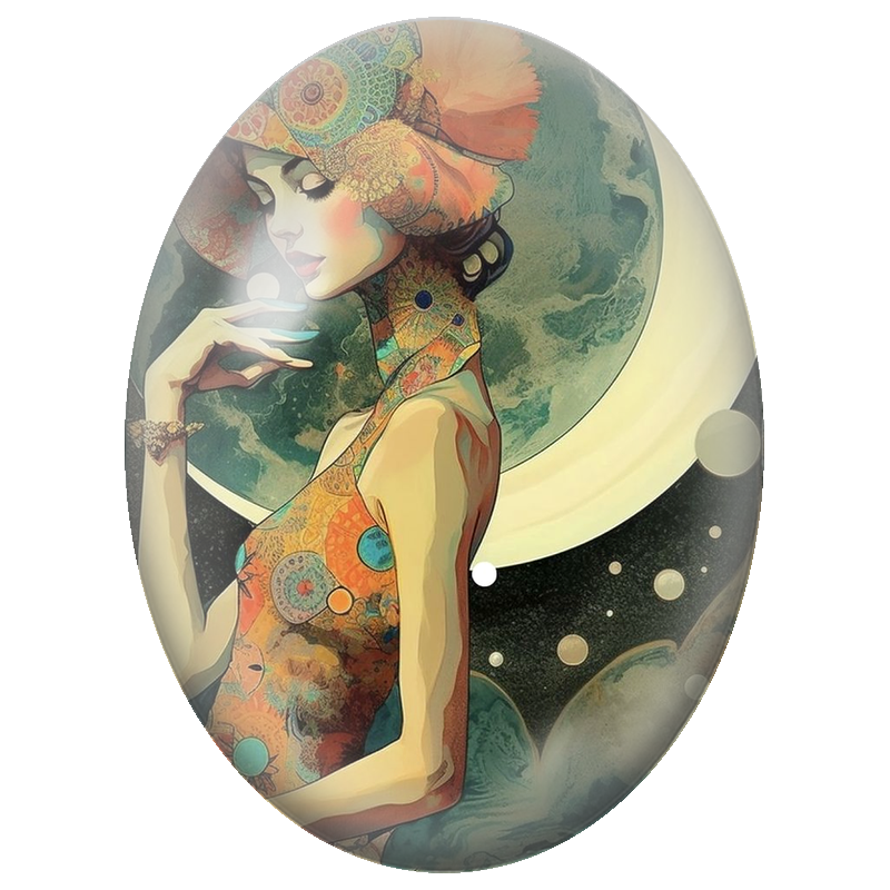 Cabochon en Verre Illustré Femme Asiatique devant la Lune et les Planètes 13x18, 18x25 ou 30x40mm