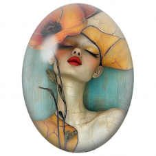 Cabochon en Verre Illustré Femme au Coquelicot Orange Géant pour la Création de Bijoux Fantaisie - DIY