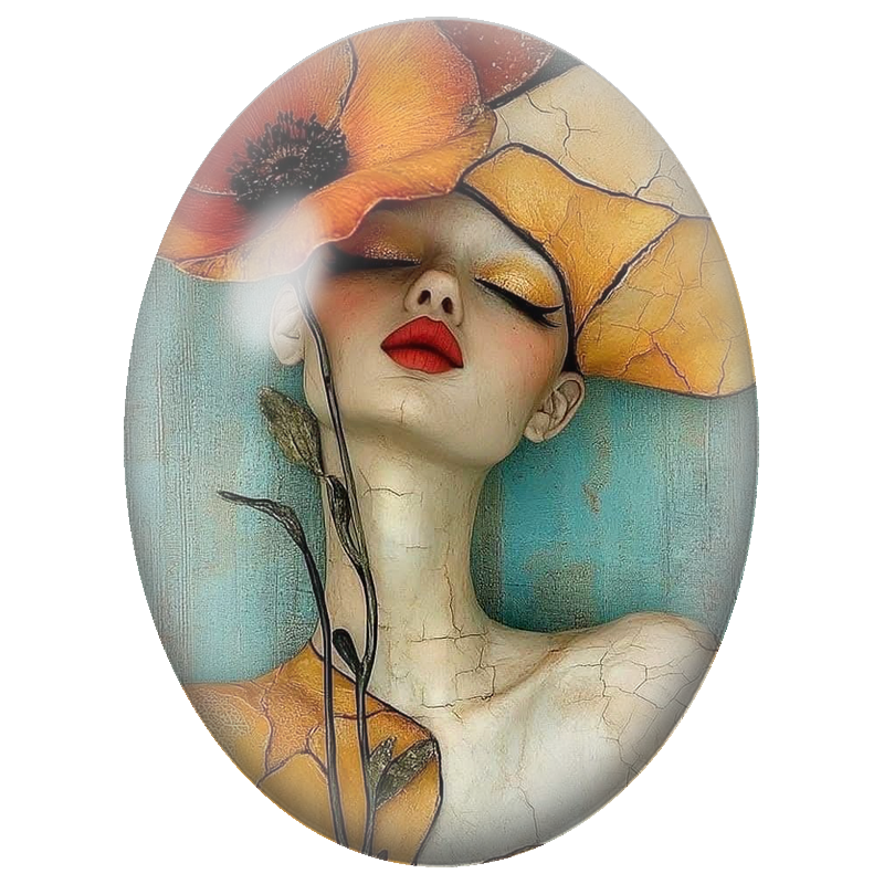Cabochon en Verre Illustré Femme au Coquelicot Orange Géant 13x18, 18x25 ou 30x40mm