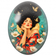 Cabochon en Verre Illustré Femme à la Haute Coiffure Noire et Papillon Bleu pour la Création de Bijoux Fantaisie - DIY
