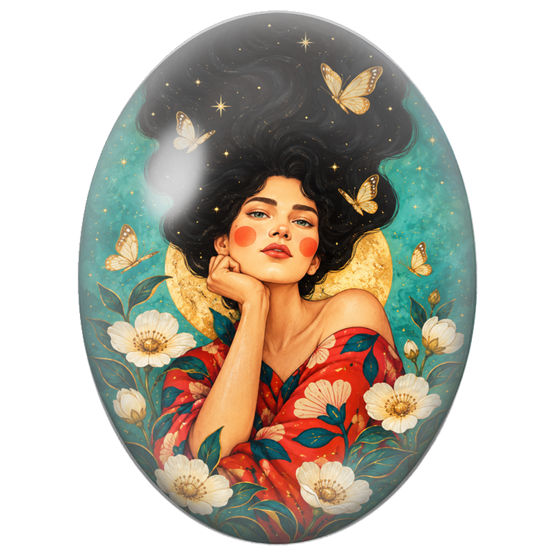 Cabochon en Verre Illustré Femme à la Haute Coiffure Noire et Papillon Bleu 13x18, 18x25 ou 30x40mm