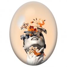 Cabochon en Verre Illustré Visage Féminin aux Fleurs Orange et Papillon pour la Création de Bijoux Fantaisie - DIY