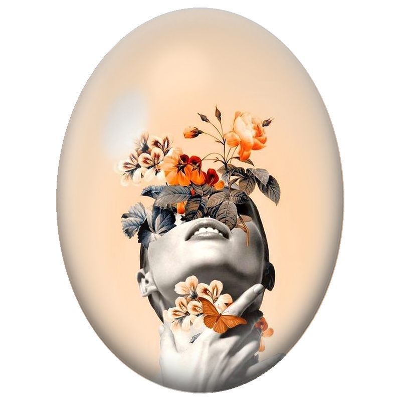 Cabochon en Verre Illustré Visage Féminin aux Fleurs Orange et Papillon 13x18, 18x25 ou 30x40mm