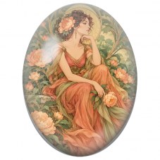 Cabochon en Verre Illustré Femme en Robe Rose aux Pivoines Art Nouveau pour la Création de Bijoux Fantaisie - DIY